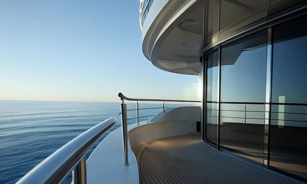 A luxurious yacht's deck with sleek design, a glass door, and a railing offering an ocean view under a clear sky