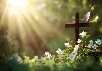 a cross and dove in the background, an easter theme, with green grass and white flowers