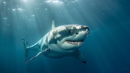Fototapeta premium Great White Shark Emerging Slowly From The Deep, Beams Of Light Above, Full Cinematic Power And Silent Fear 