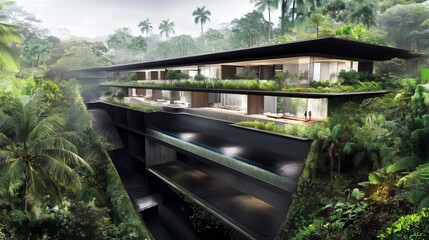 Fototapeta premium Modern Architecture in Tropical Forest with Pool and Palm Trees