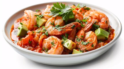 Tangy shrimp ceviche with diced tomatoes and avocado, garnished with fresh parsley in a white bowl.