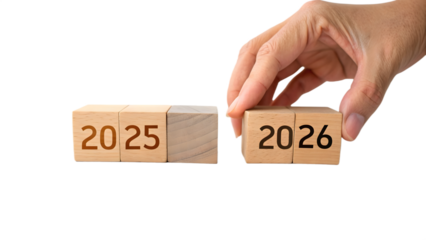 Minimalist Future Planning: Wooden Cubes Showing Year Change 2025-2026 on Transparent Background