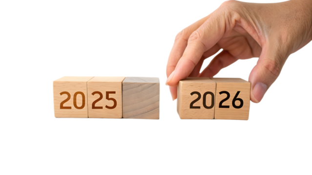 Minimalist Future Planning: Wooden Cubes Showing Year Change 2025-2026 on Transparent Background - Powered by Adobe