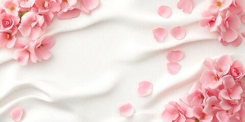 Obraz premium Delicate Pink Roses and Petals on White Fabric