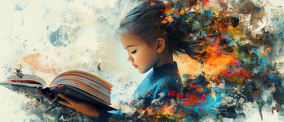 AIgenerated art of children immersed in books with knowledge radiating outward, artistic blend of science elements and colorful collage patterns