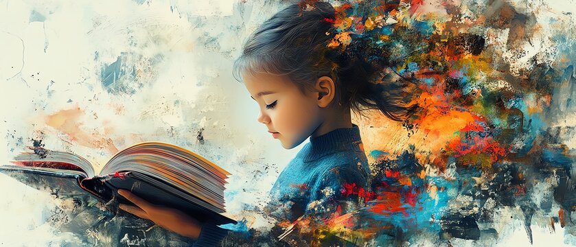 AIgenerated art of children immersed in books with knowledge radiating outward, artistic blend of science elements and colorful collage patterns