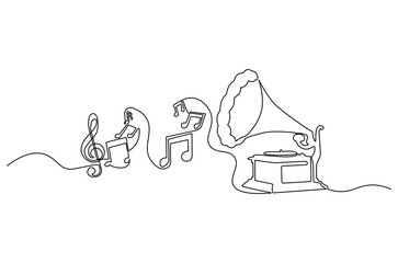 Continuous one line drawing of old retro analog gramophone with music note. Single line drawing illustration vinyl gramophone with note. Vintage music concept vector art. Doodle line illustration.