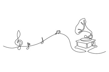 Continuous one line drawing of old retro analog gramophone with music note. Single line drawing illustration vinyl gramophone with note. Vintage music concept vector art. Doodle line illustration.
