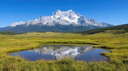 Fototapeta premium Majestic snowcapped mountain range and serene pond landscape photography