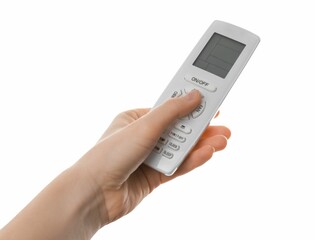 Woman with air conditioner remote control on white background, closeup