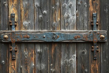 An aged wooden barn door with rustic metal hinges and deep weathered texture.