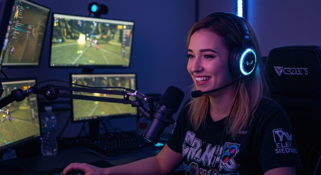 Young woman enjoying gaming with multiple monitors and headset