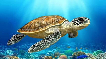 Obraz premium Sea Turtle Swimming in Clear Tropical Waters Under Sunlight