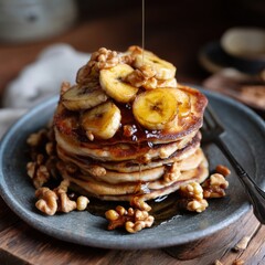 Pfannkuchen mit Walnüssen, Banane und Sirup