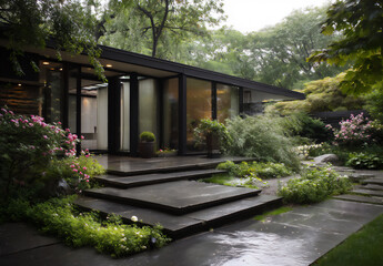 a modernist house with large glass windows, overlooking an exquisite japanese garden