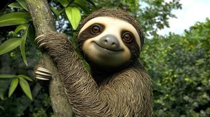 Fototapeta premium Cute and Happy Sloth Climbing Tree in Tropical Forest Setting