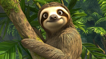 Obraz premium Happy Sloth Smiling While Climbing a Tree in Lush Green Jungle