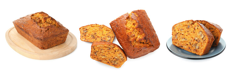 Tasty carrot cake isolated on white, set