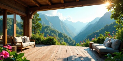 Mountain View Deck Relaxation Serene Wooden Patio Furniture with Stunning Panoramic Landscape