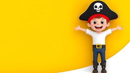 Cheerful Cartoon Pirate Boy with Hat and Yellow Background