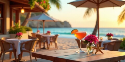 Obraz premium Sunset Beachside Relaxation A Refreshing Cocktail Awaits on a Wooden Table at a Tropical Restaurant with Ocean Views