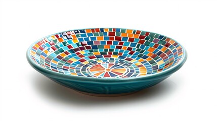 Obraz premium A vibrant ceramic bowl with a mosaic interior of colorful tiles arranged in concentric circles.