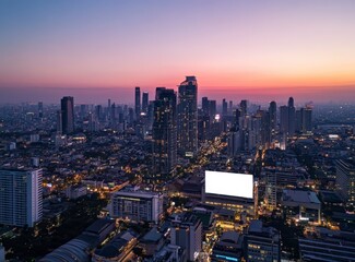 Obraz premium Cityscape Twilight: Urban Skyline at Sunset with Blank Billboard