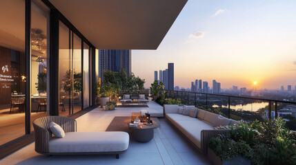 Obraz premium Modern balcony with cozy seating overlooking city skyline at sunset