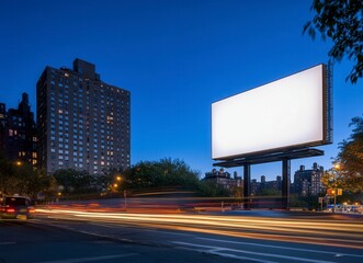Blank Billboard at Dusk: Urban Nightscape, Serene Mood