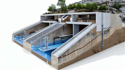 Obraz premium Diagram illustrating stormwater runoff management in civil design, including bioswales, detention ponds, and filtration zones.