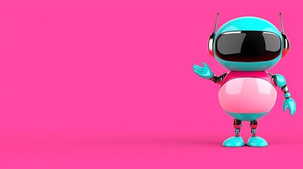 Fototapeta premium Cute Cartoon Robot with Headphones on Vibrant Pink Background