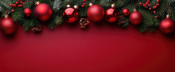 Festive red backdrop. Holiday ornaments adorn the top red baubles, evergreen branches, and tiny berries