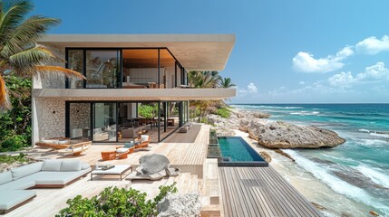Fototapeta premium Luxury Beachfront Villa: Modern Architectural Gem