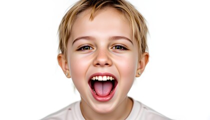 Cheerful Young Child Smiling Joyfully in Portrait Against White Background