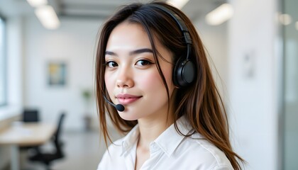 Young Female Call Center Agent with Headset in Modern Office