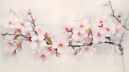 vintage white and pink sakura oil art print background poster decorative painting 