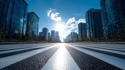 Fototapeta premium Driving Toward Modern City Skyscrapers on Empty Street During Sunny Day