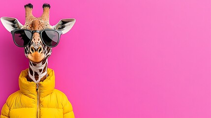 Fototapeta premium Stylish Giraffe Wearing Sunglasses and Yellow Jacket on Pink Background
