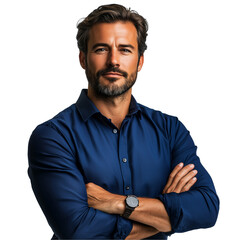Fototapeta premium Portrait of confident man with beard and blue shirt studio isolated on transparent background