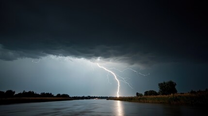 Powerful lightning strike over dark water dramatic night storm clouds nature photography