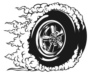 Smoking tire of a sports car. Smoke from the tire is billowing around the wheel. Illustration of an automobile wheel spinning at great speed and leaving a plume of smoke behind it. Theme of speed