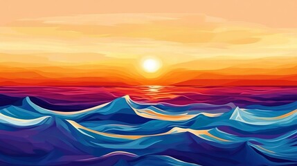 Vibrant Sunset Ocean Waves Abstract Art Digital Painting Colorful Seascape Summer Evening Tropical Paradise Beach Background Design Illustration      