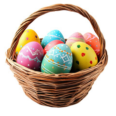  Easter eggs in a wicker basket isolated on white background