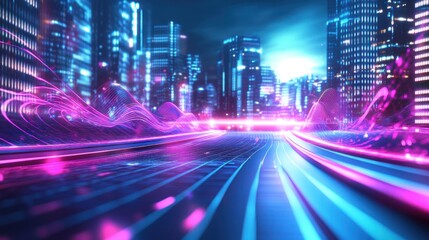Fototapeta premium Neon road, futuristic city, speed, energy