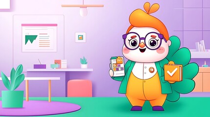 Cute cartoon character in office setting with digital devices and plants