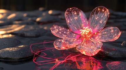 Fototapeta premium Glowing glass flower, dark rocks, sunset, digital art