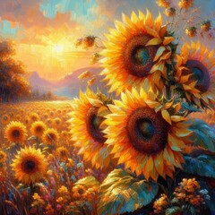 Bright Sunflowers in Oil Painting Style