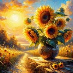Bright Sunflowers in Oil Painting Style