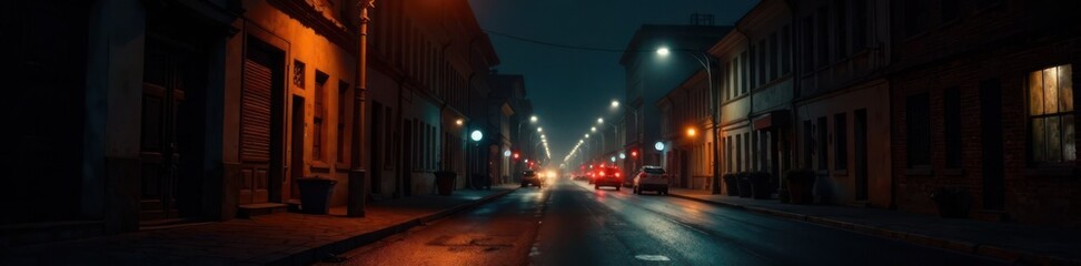 Fototapeta premium Faded city street at night with soft glow of streetlights through a old building facade , shadows, night scene