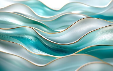 Fototapeta premium Abstract Teal and White Flowing Waves Gold Accents